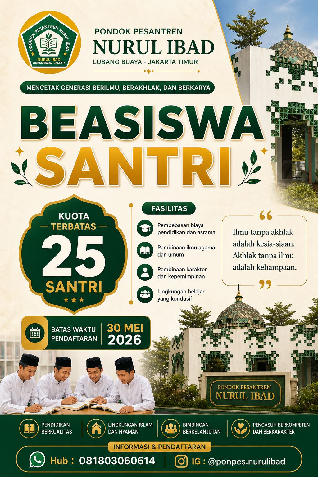 Gratis Mondok! Ponpes Nurul Ibad Buka Beasiswa Full untuk SMP & SMK