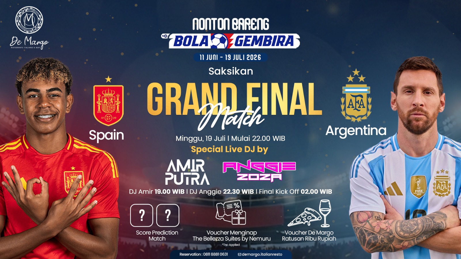De Margo Ristorante Italiano & Bar Gelar Nobar Grand Final Spain vs Argentina, Hadirkan Live DJ hingga Hadiah Menginap